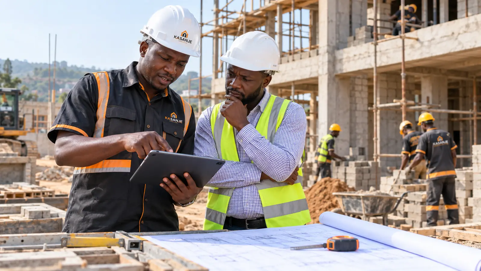 Kasanje consultants review building plans and project progress with a client on site in Uganda.